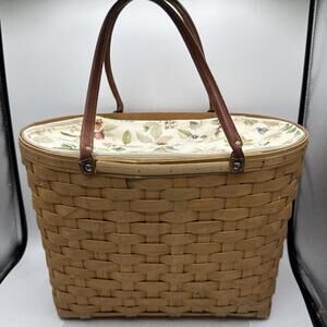 Longaberger Large Boardwalk Basket Tote Beach W/Plastic Liner & Leather Handles